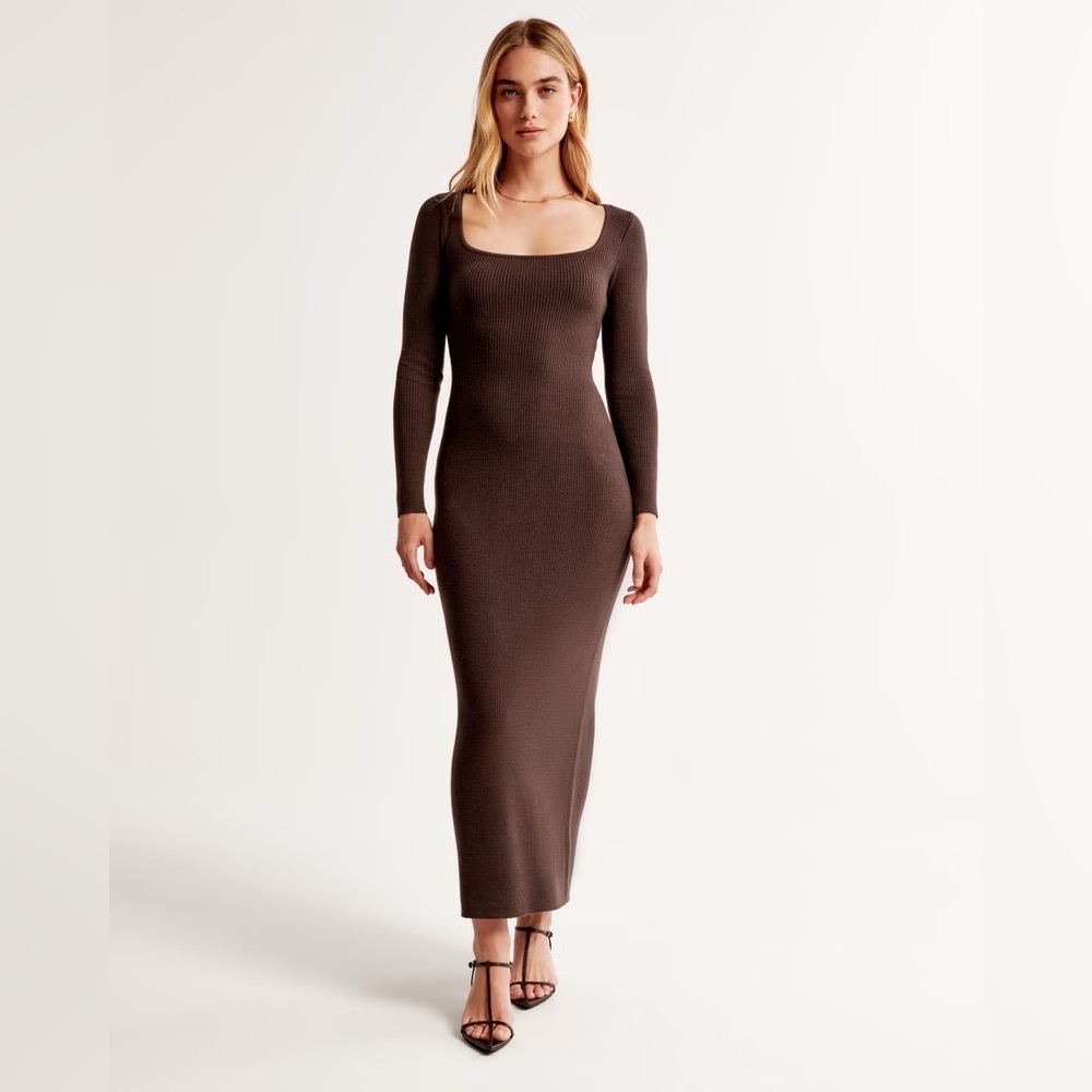 Brown long sleeve bodycon midi dress PETITE
